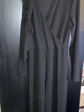 Black Long-Sleeve Wrap jumpsuit with Subtle Sparkle